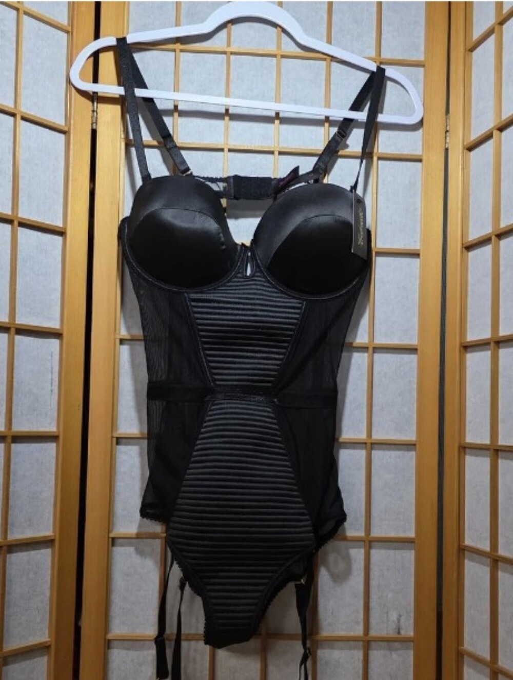 Frederick's of Hollywood Black Mesh & Satin Underwire Bodysuit